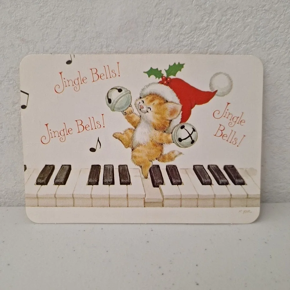 UNUSED Vintage MCM Postcard CHRISTMAS CAT 'Jingle Bells' Piano EXCELLENT